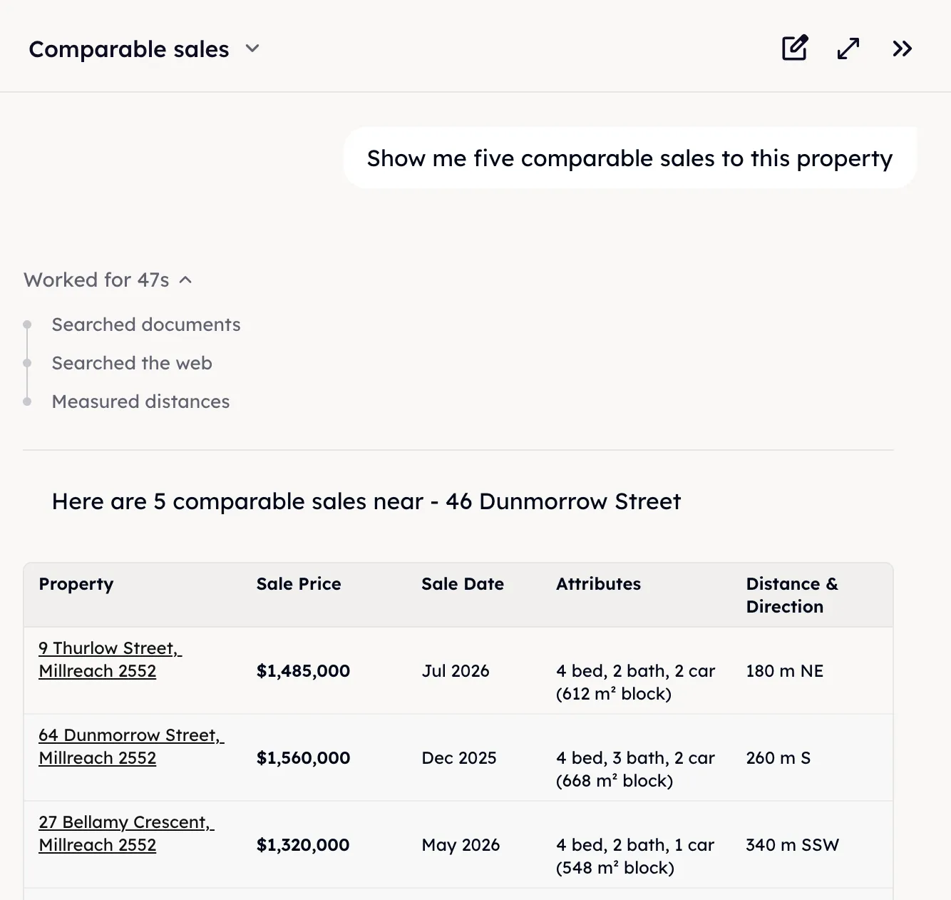 A chat answering a request for comparable sales with a table of prices, dates, attributes and distances, above the searches it ran to find them.