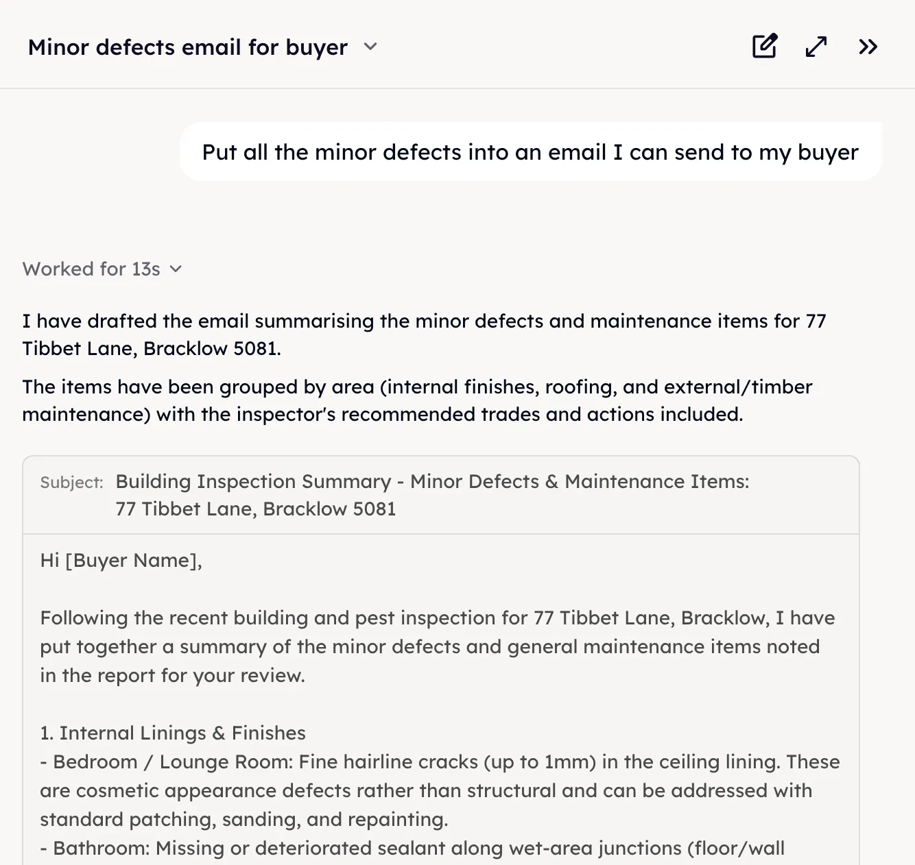 A chat turning a building and pest inspection into a ready-to-send email, the minor defects grouped by area under a written subject line.