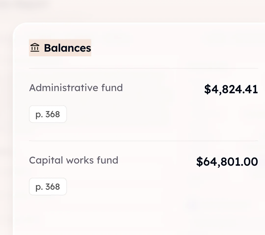 A balances card read out of a strata report — the administrative and capital works funds, each cited to the page it was found on.