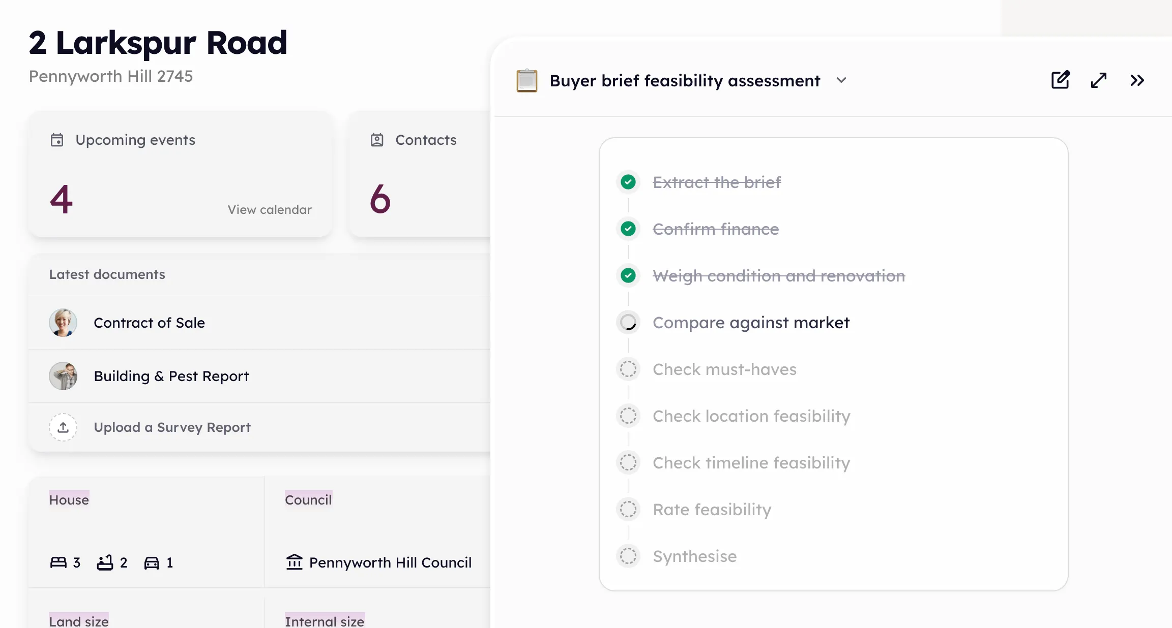 A buyer brief feasibility playbook running beside a property’s page, its first three steps struck through and the market comparison still working, with the property’s documents, contacts and details alongside.
