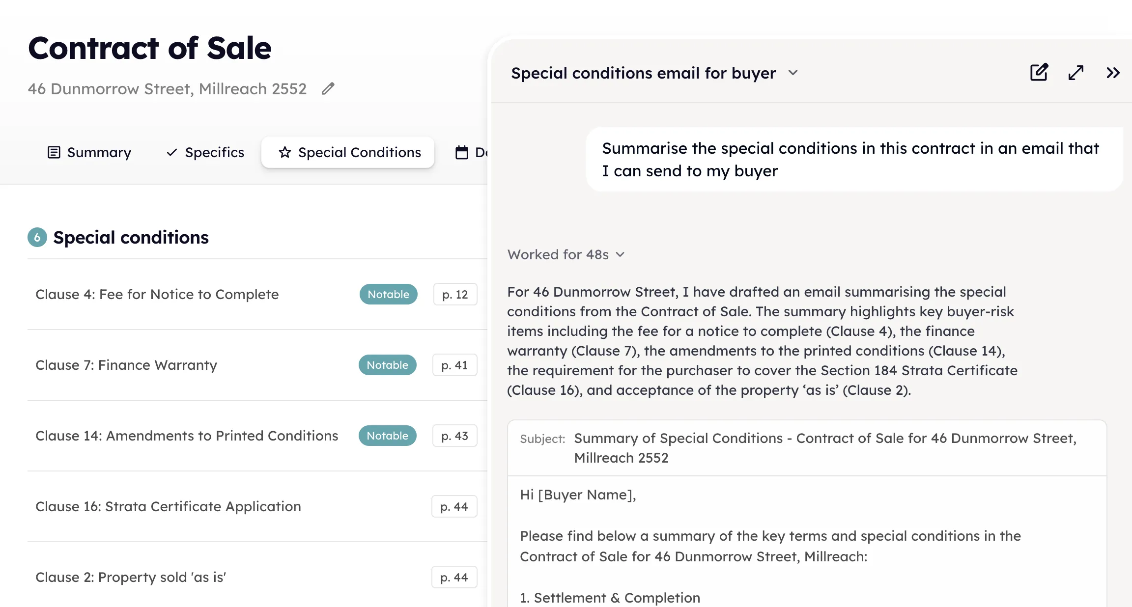 A contract of sale opened on its six special conditions — finance warranty, amendments to printed conditions, strata certificate, sold ‘as is’ — each pinned to its page in the document, beside a chat drafting the email that summarises them for the buyer.