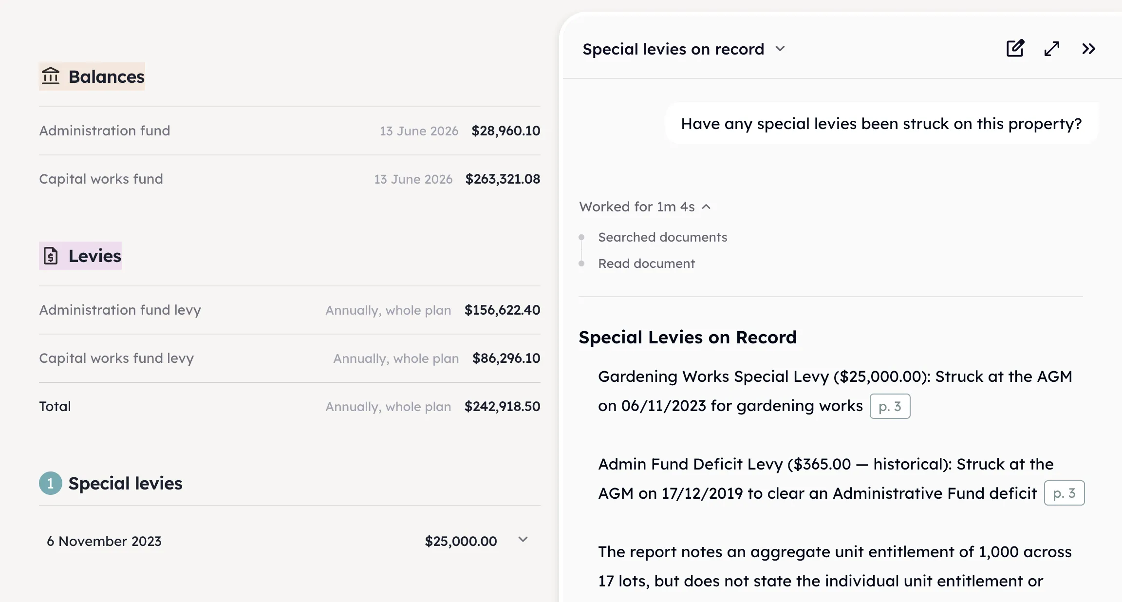 A strata report’s balances and levies — administration and capital works funds, their annual levies and a special levy — beside a chat listing the special levies on record, each one pinned to the page it came from.