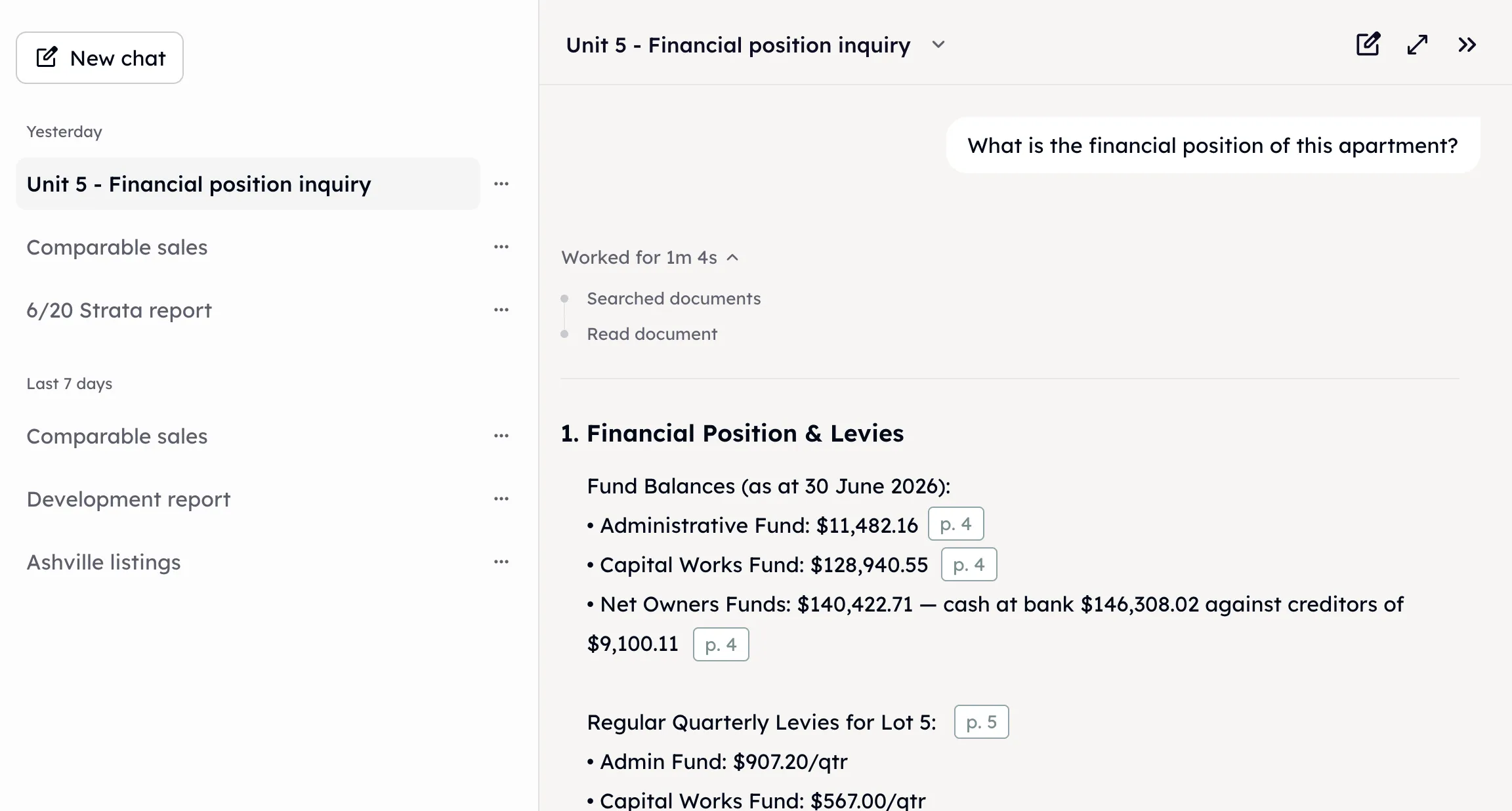 A chat open beside earlier conversations, answering a question about a building’s finances with each figure carrying the page it was read from.