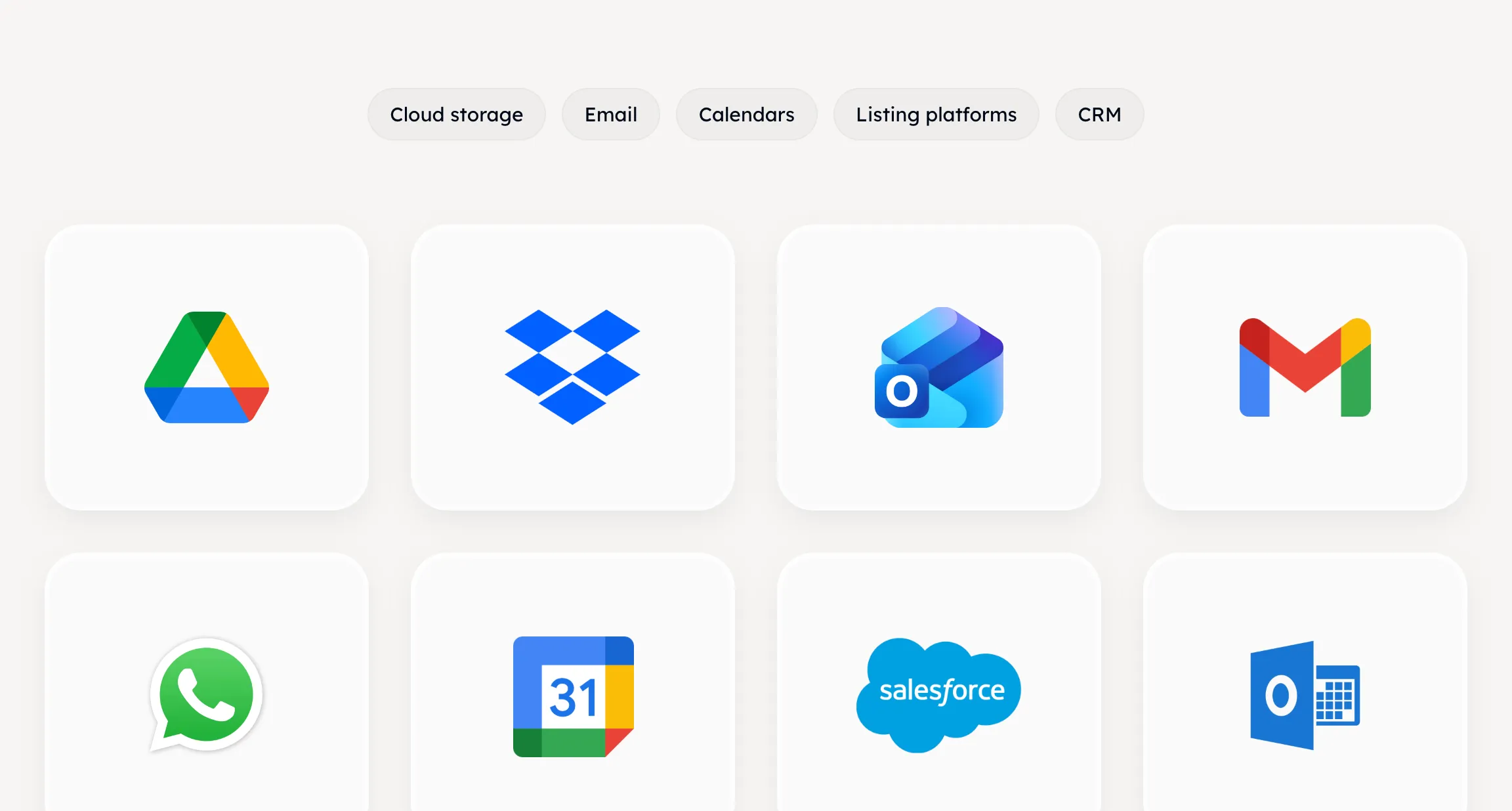 A gallery of connections waiting to be added — cloud storage, email, calendars, listing platforms and CRMs — each app on its own tile above a row of category filters.