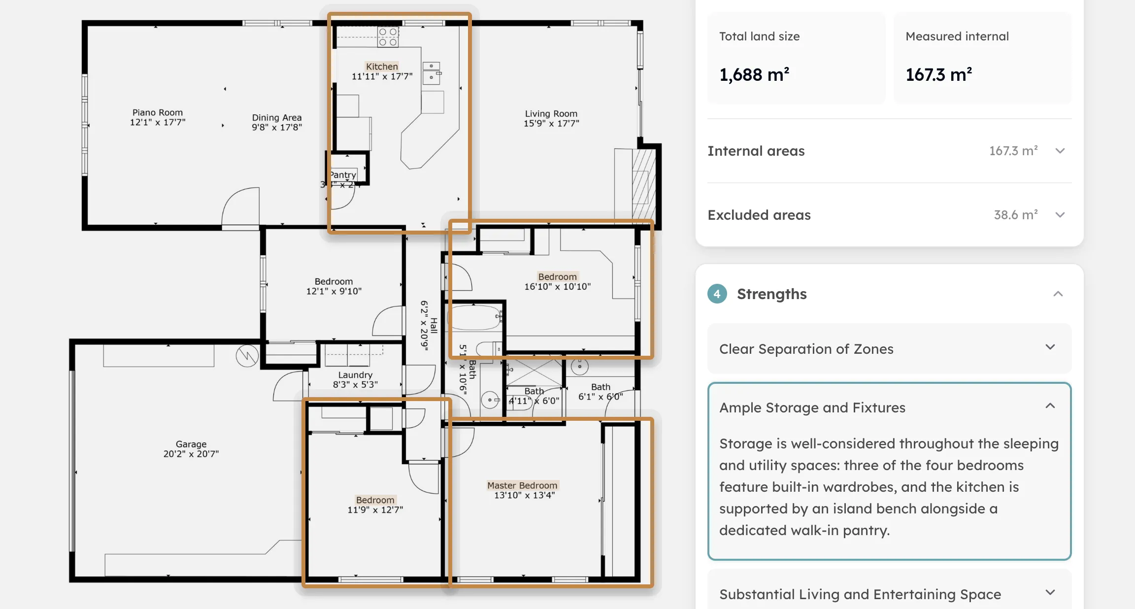A floor plan with its rooms outlined and measured, beside the land and internal area totals and the strengths read off the plan.
