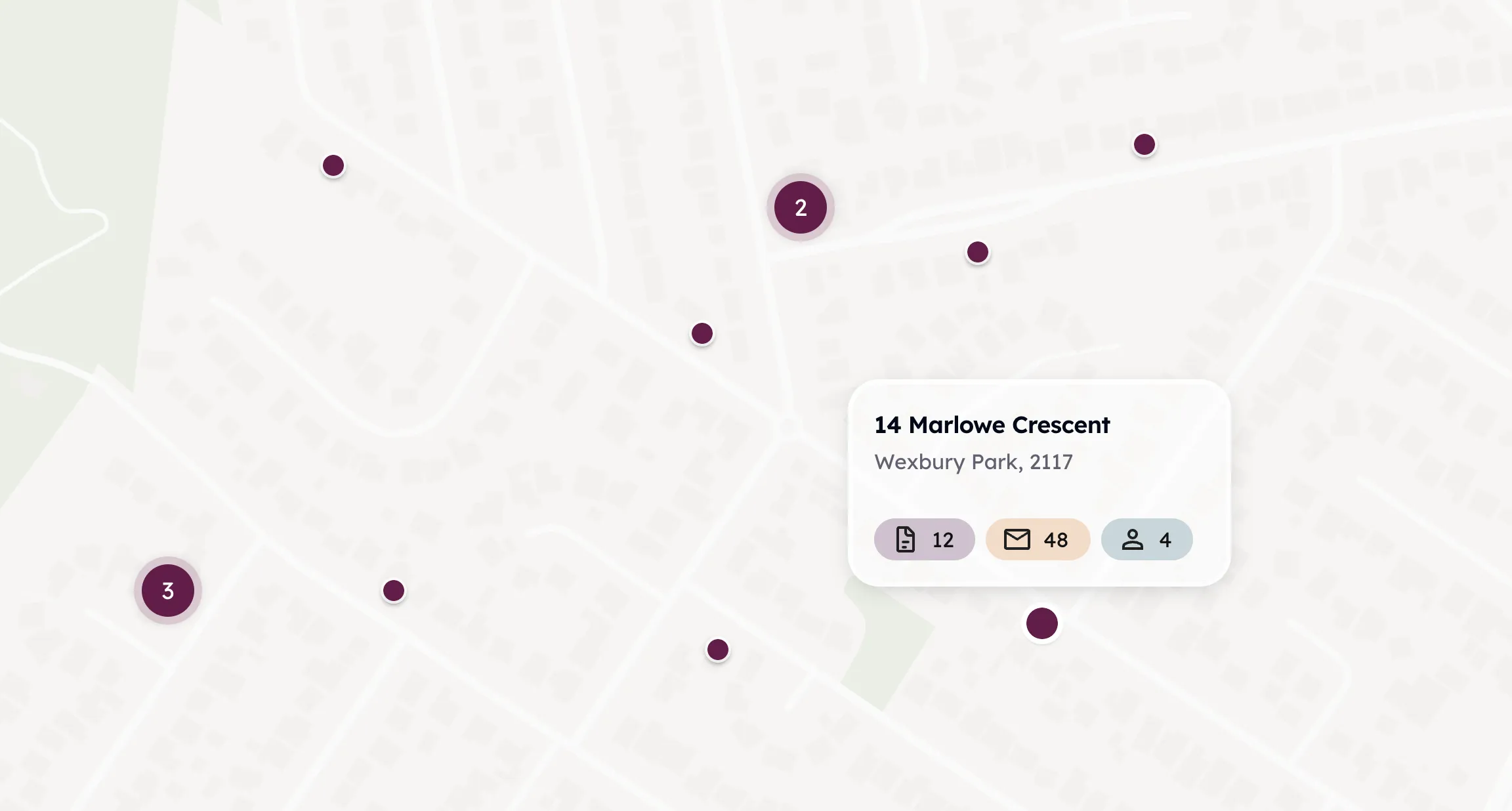 A map of the suburb with a marker on every property on the books, one of them open to show the documents, emails and contacts filed against it.