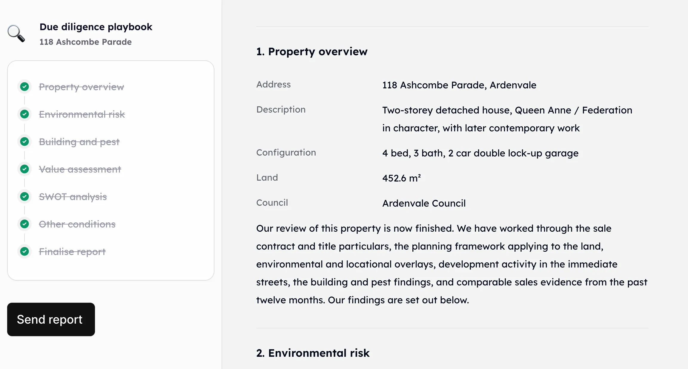 A finished due diligence run, every step checked off and the written-up report beside it ready to send.