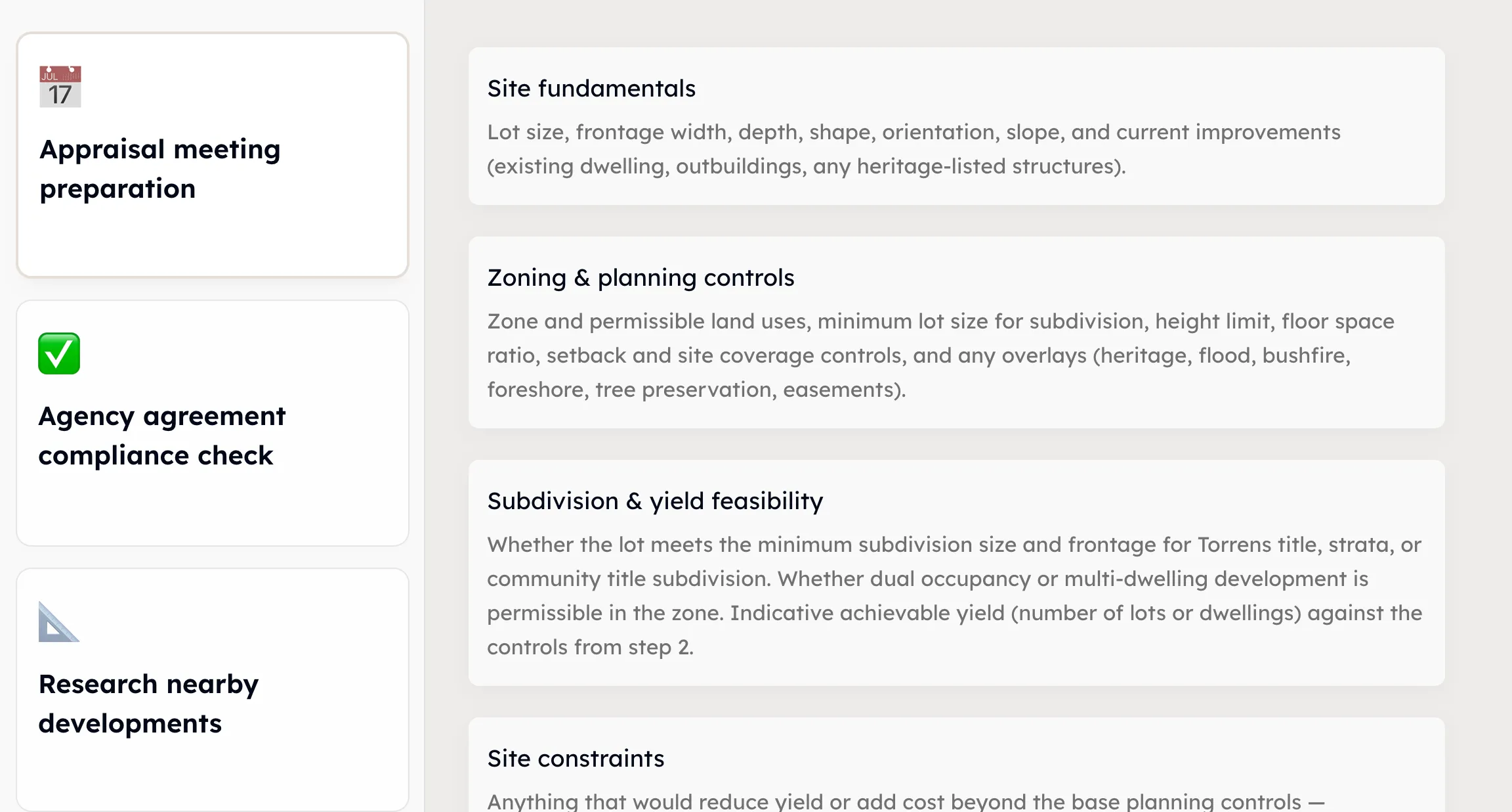 A playbook open beside the others in the library, its steps set out one after another — site fundamentals, zoning controls, subdivision feasibility — each with a note on what it covers.