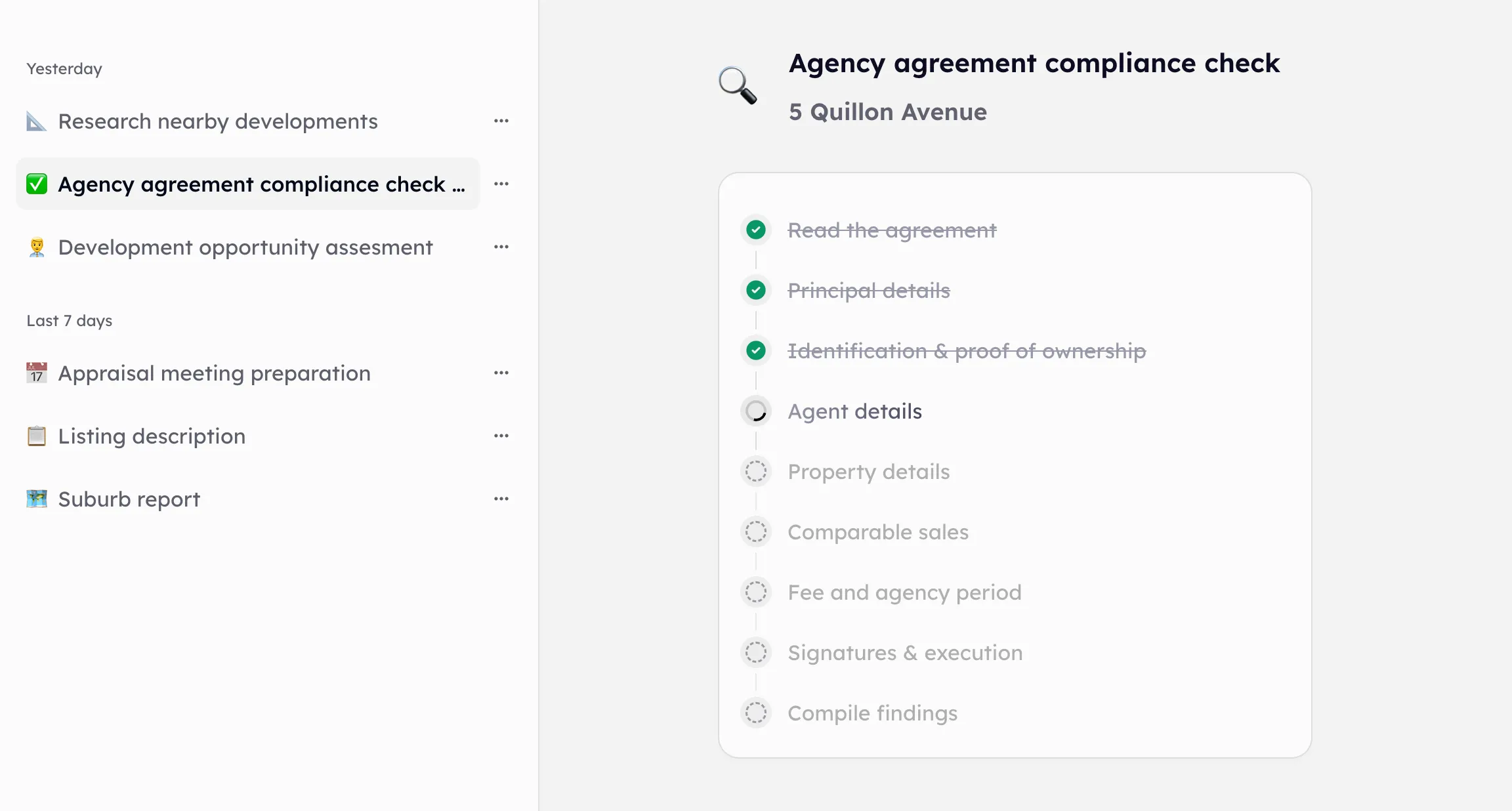 An agency agreement compliance check part-way through its run, the finished steps struck through and the rest waiting their turn.