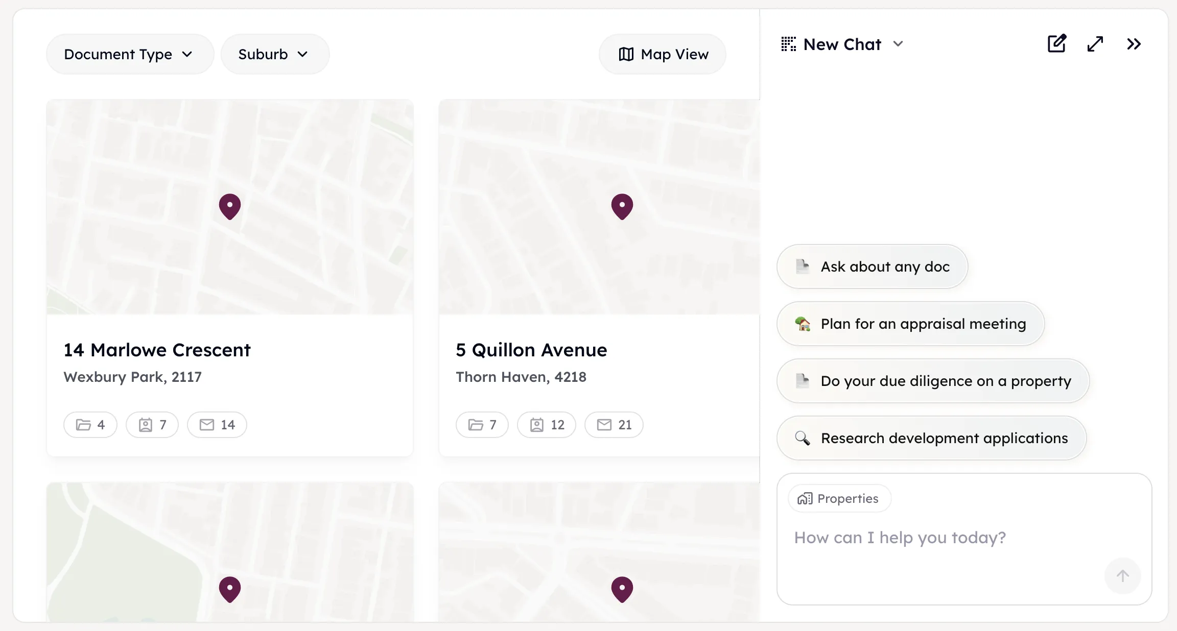 A list of properties as map cards, each counting its documents, contacts and emails, beside a new chat offering places to start.