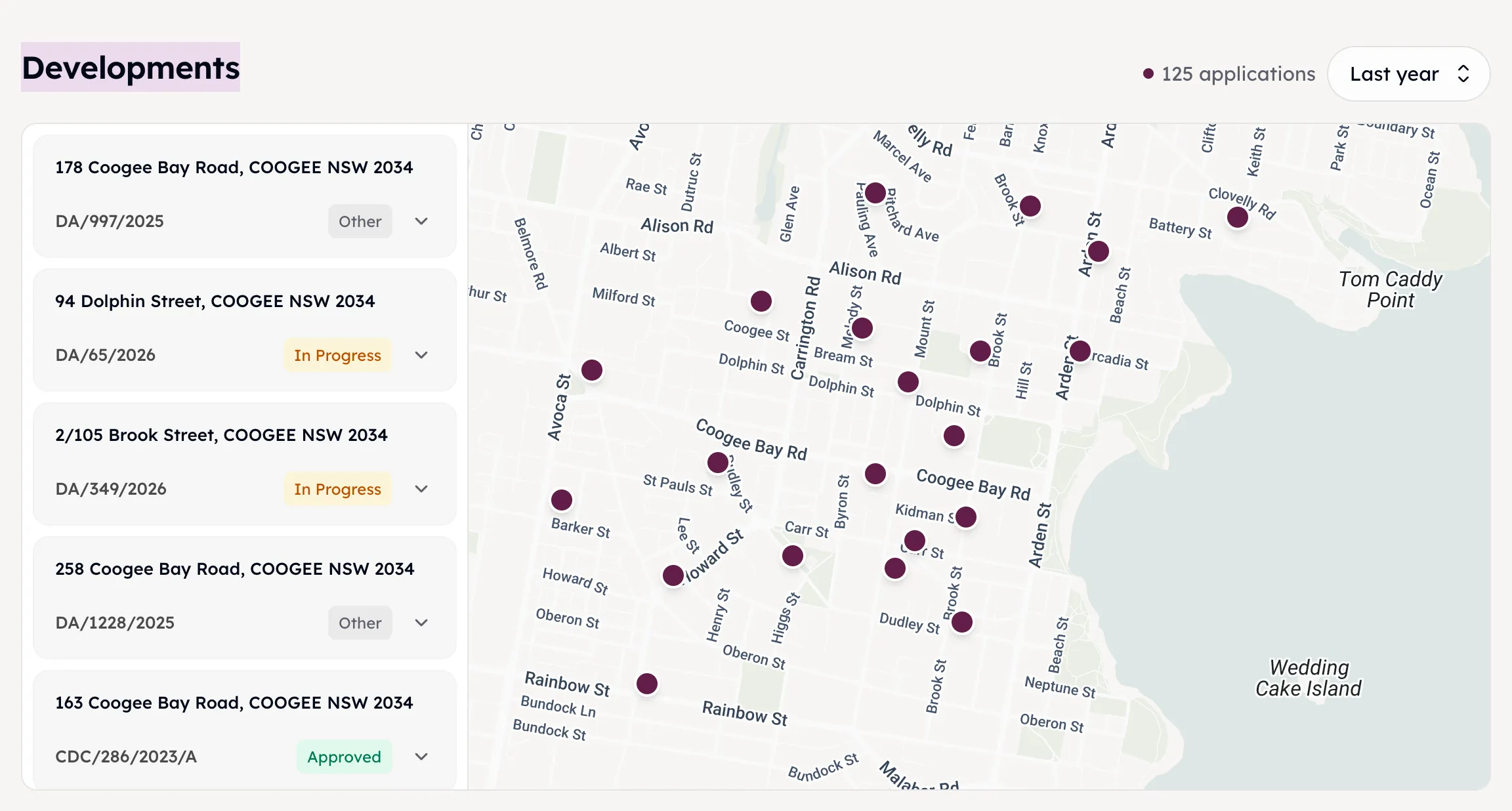 Nearby development applications listed with their DA numbers and status — approved, in progress — each one pinned on a map of the surrounding streets.