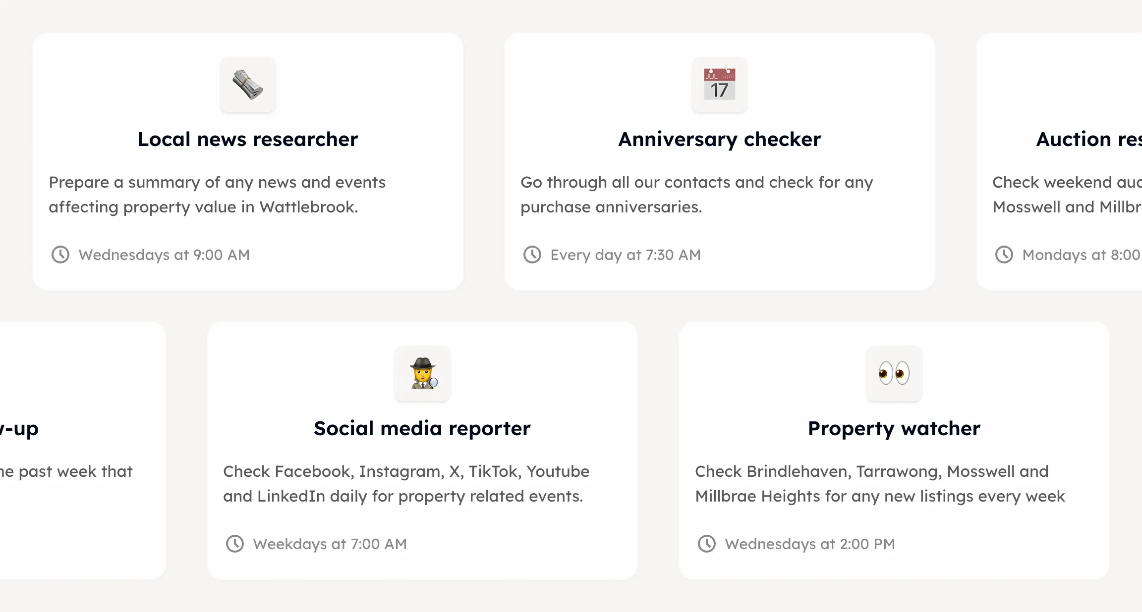 A library of routines, each card naming what it checks for and when it runs — local news every Wednesday, contact anniversaries every day, new listings every week.