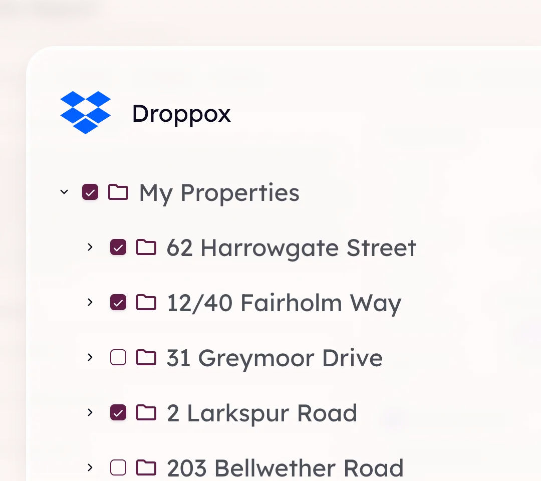 A connected cloud storage account’s folders listed as a tree, each named for a property, some ticked to sync and others left out.