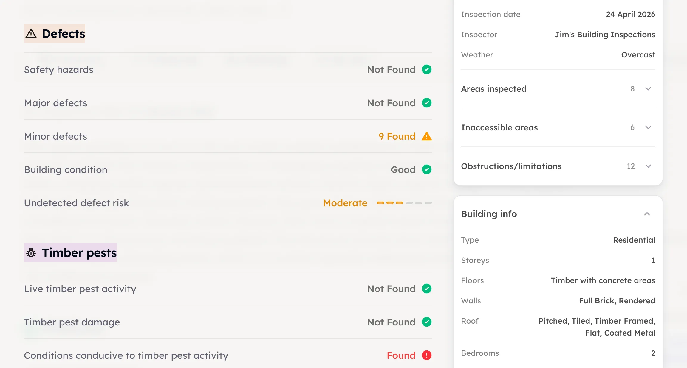 A building and pest analysis: safety hazards and major defects cleared, nine minor defects found and the undetected defect risk moderate, with no live timber pests but conditions conducive to them.