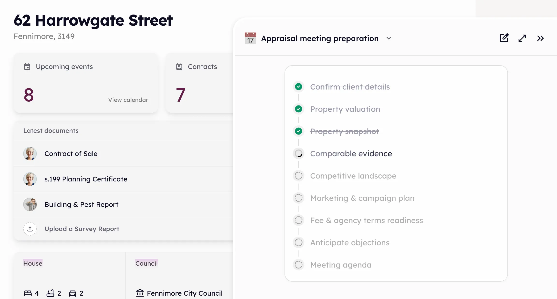 An appraisal preparation playbook running beside a property’s page, the first steps struck through and comparable evidence still working.