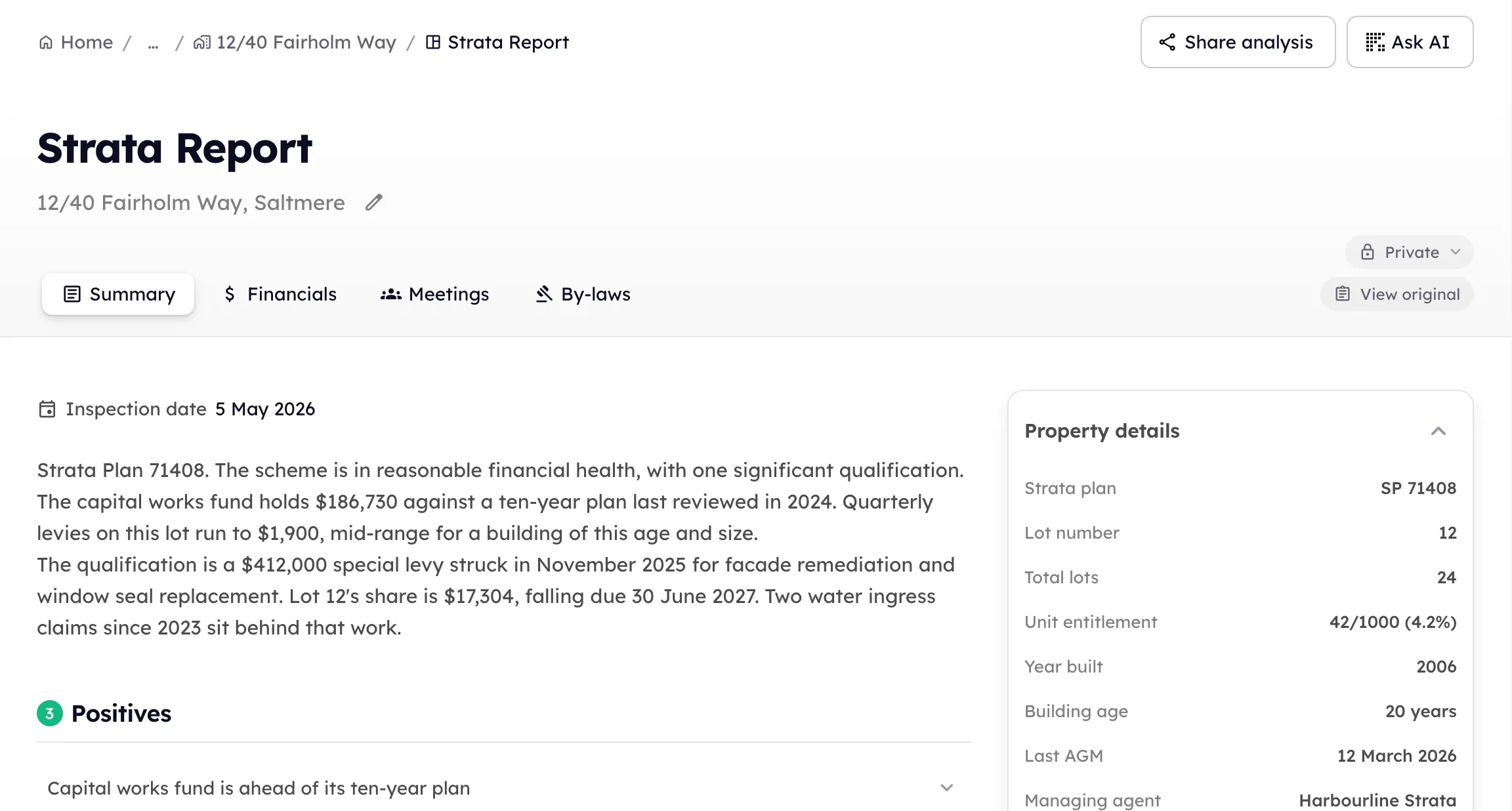 A strata report analysis: a plain-language summary of the scheme’s finances and the special levy behind them, with the property details panel alongside.