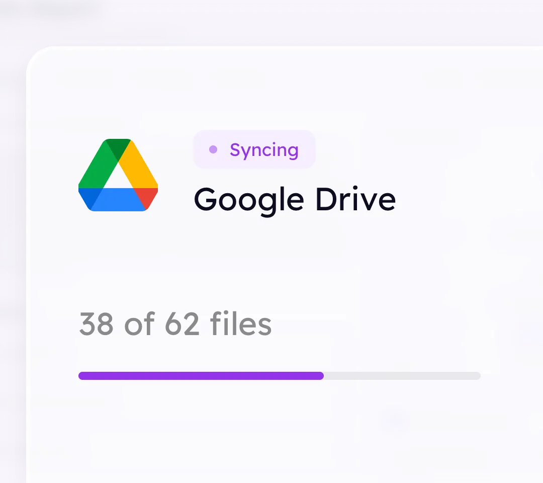 A connected Google Drive marked as syncing, counting through 38 of 62 files on a progress bar.