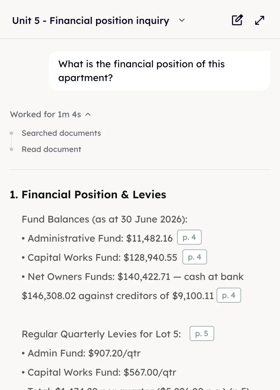 A question about a strata scheme’s financial position answered from the documents, each figure carrying the page it came from.