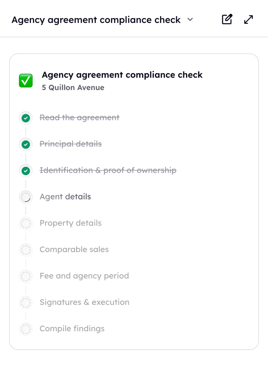 An agency agreement compliance check part way through its run, the first steps ticked off and the rest still queued.